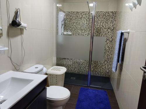 ein Bad mit einer Dusche, einem WC und einem Waschbecken in der Unterkunft Casa de férias e fins de semana, 5 in Esposende