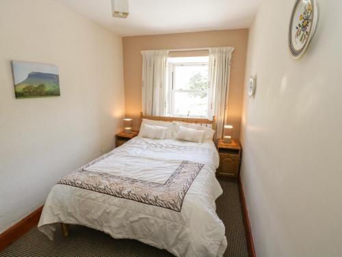 a small bedroom with a bed with a window at Rambler's Rest in Manorhamilton