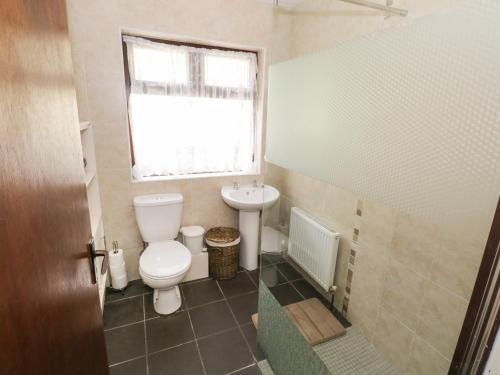a bathroom with a toilet and a sink and a window at Rambler's Rest in Manorhamilton
