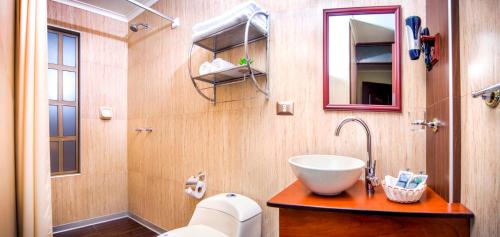 a bathroom with a sink and a toilet and a mirror at Hotel D'Carlo Class in Arequipa