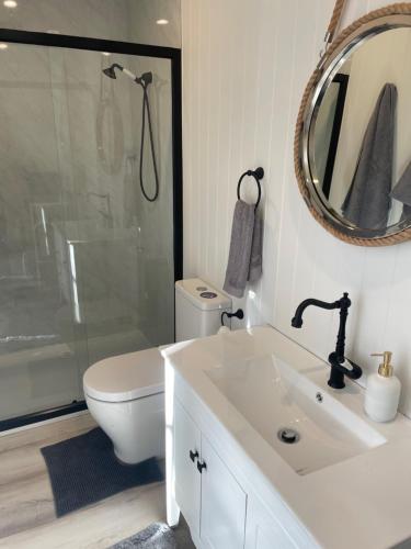 a bathroom with a sink and a toilet and a mirror at Farm Stay HARMONY Cottage at Wilindi Estate in Tyabb