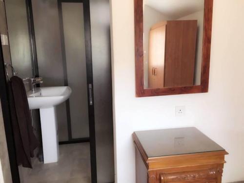 a bathroom with a sink and a mirror at Nature's Hideaway in Anuradhapura