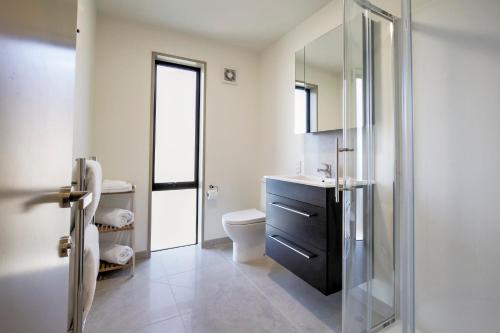 a bathroom with a sink and a toilet and a mirror at The Villa Lookout - Queenstown Holiday Villa in Queenstown