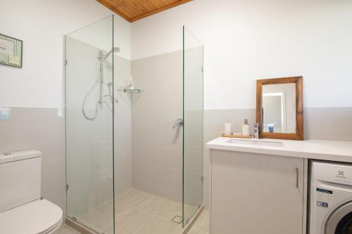 a bathroom with a shower and a toilet and a sink at Port Willunga Ocean Views Beachhouse in Port Willunga