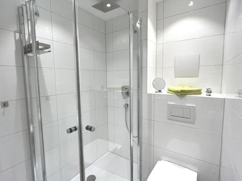 a bathroom with a shower with a glass door at Uschi's Steinröschen in Fischen