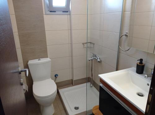 a bathroom with a shower and a toilet and a sink at Between 2 beaches - sea breeze suite in Ligaria