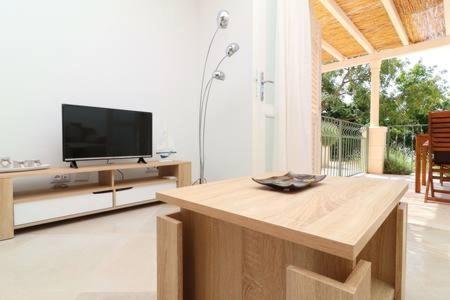 a living room with a television and a table at Apartments Seafront Silence in Trstenik