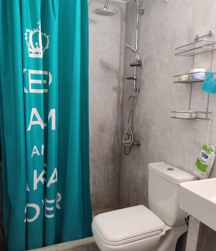 a bathroom with a blue shower curtain and a toilet at Λακεδαιμονία in Paralia Demonias
