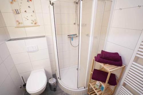 ein Bad mit einer Dusche und einem WC in der Unterkunft Ferienwohnung Käp` tns in Dornumersiel