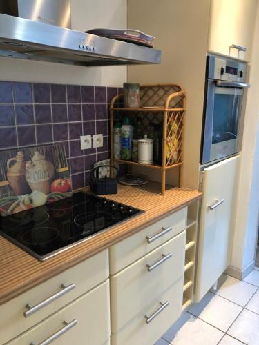 une cuisine avec une cuisinière et un comptoir dans l'établissement Le Petit Morny, à Deauville