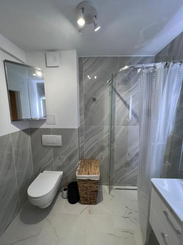 W łazience znajduje się prysznic, toaleta i umywalka. w obiekcie Kawalerka premium B 30m2 - po remoncie - nowa! w Warszawie
