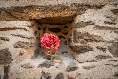 a vase with pink flowers in a stone wall at Penzion Maštal in Český Krumlov