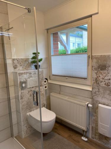 een badkamer met een toilet en een douche en een raam bij Magnus & Morgentau in Göhren