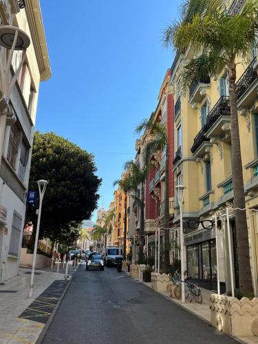 une rue de la ville avec des palmiers et des voitures sur la route dans l'établissement Charming Sunny Apartment across Monte Carlo Casino, à Beausoleil