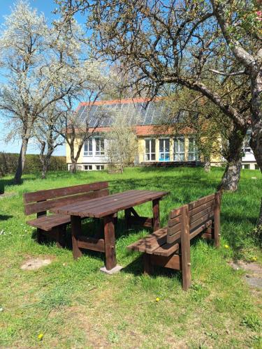 two wooden benches sitting in the grass in front of a house at Binder's Ferienapartments zur Altmühl in Herrieden