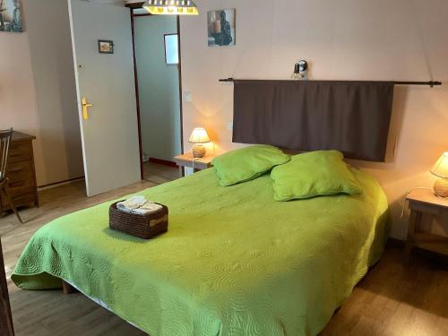 a bedroom with a green bed with a projector on the wall at Chambres, Table d'Hôtes et Gites Les Mesanges in Saint-Jean-de-Sauves