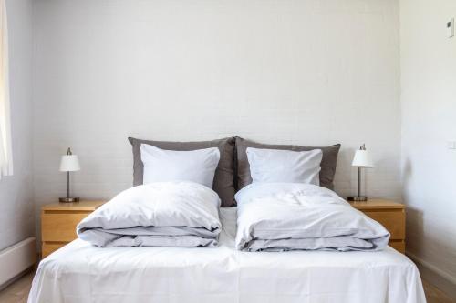 a white bed with two pillows and two lamps at Aggersvold Gods in Jyderup