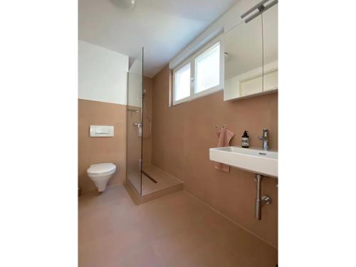 un bagno con wc, lavandino e doccia di annadaly Stadtraumwohnung a Lörrach