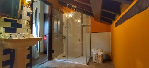 een badkamer met een douche en een wastafel bij La Casona de Tresgrandas in Tresgrandas