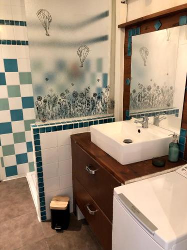 une salle de bain avec un lavabo et un miroir dans l'établissement La Fabrique Centre ville - Berges du Tarn, à Millau