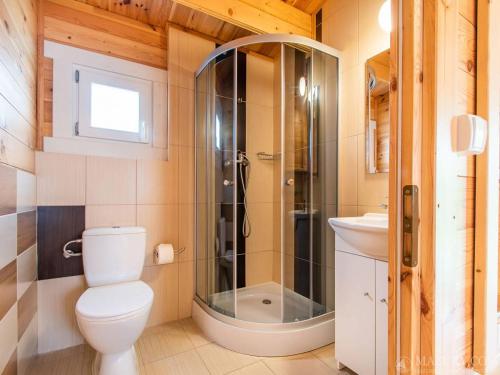 a bathroom with a shower and a toilet and a sink at Domki Romka in Mikołajki