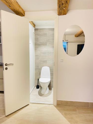 a bathroom with a white toilet and a mirror at aday - Cozy private room in the center in Aalborg