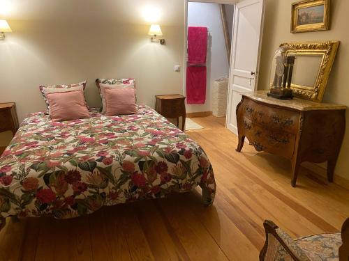 a bedroom with a bed and a dresser and a mirror at Le brûlon in Bourg-le-Comte