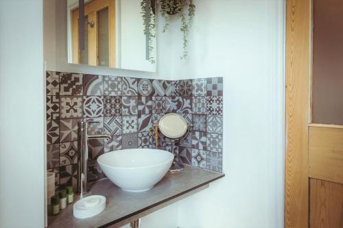 a bathroom with a sink and a mirror on a counter at Old Town Cottage in Old Town