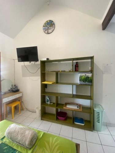 a room with a book shelf and a tv at SERENITY piscine au sel in La Trinité