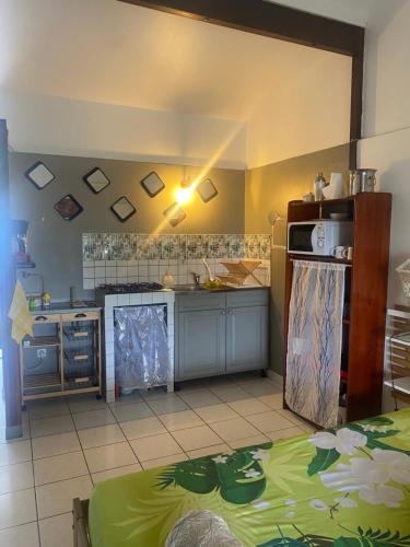 a kitchen with a stove top oven in a room at SERENITY piscine au sel in La Trinité