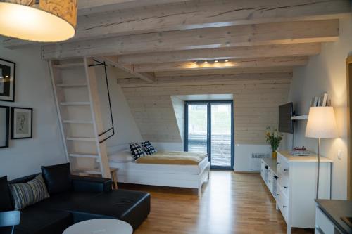 Zimmer mit einem Hochbett und einem Sofa in der Unterkunft Stylový apartmán č. 8 U Venuše, Pavlov u Mikulova in Pavlov