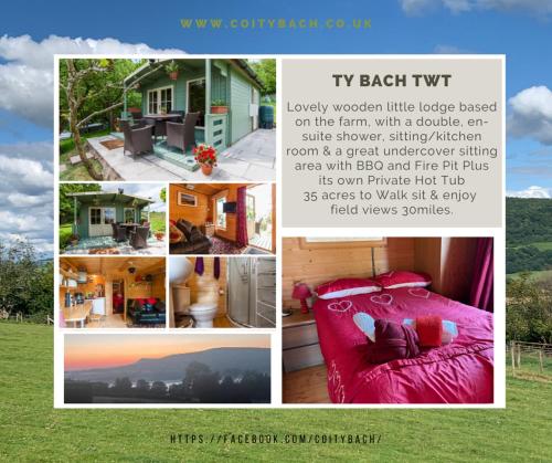 a collage of pictures of a house with a bed at Ty Bach Twt, Coity Bach in Brecon