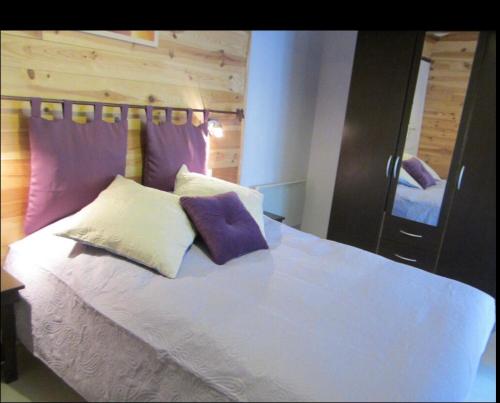 a bedroom with a white bed with purple and white pillows at Chambres, Table d'Hôtes et Gites Les Mesanges in Saint-Jean-de-Sauves