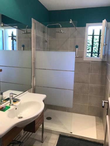 ein Bad mit einer Dusche, einem Waschbecken und einer Dusche in der Unterkunft Beau T2 meublé récent in Bouliac