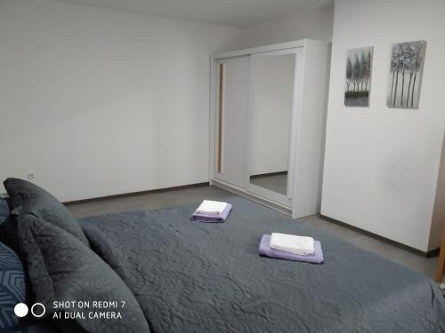 a living room with a couch and a mirror at Markaz Apartman Bihać 2 in Bihać