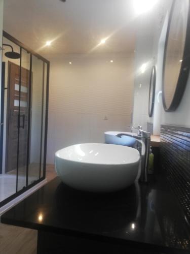 a bathroom with a large white sink on a black counter at Villa Helena in Nowe Warpno