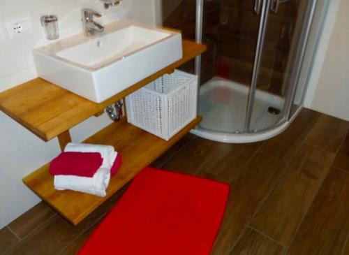 a bathroom with a sink and a red rug at Ciasa Irene App Mansarde in La Villa