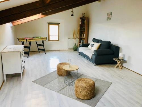 un salon avec un canapé et une table dans l'établissement Le Mas des Alberes Piscine privative proche mer et Collioure, climatisation, parking ,WiFi, à Montesquieu