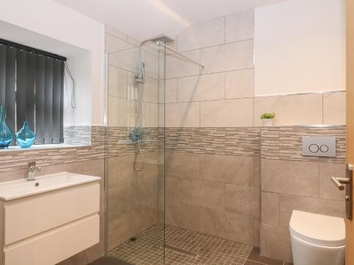 a bathroom with a shower with a toilet and a sink at The Reception Room at The Institute Executive Apartments in Keith