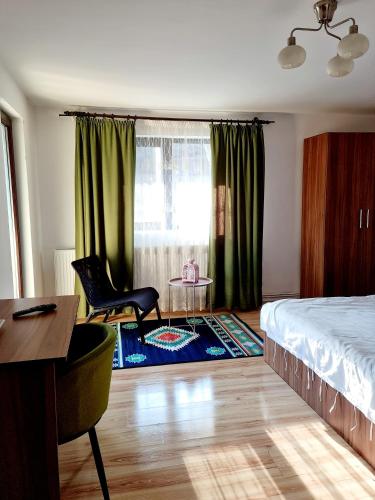 a bedroom with a bed and a desk and a chair at Casa Teodor Rucăr Casă de oaspeți in Rucăr