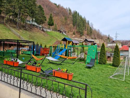 park z placem zabaw ze zjeżdżalniami i huśtawkami w obiekcie Casa Teodor Rucăr Casă de oaspeți w mieście Rucăr