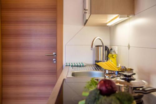 a small kitchen with a sink and a sink at Huberhof App Rubens in Feldthurns