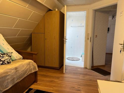 um quarto com uma cama e uma casa de banho com um chuveiro em Ferienappartements Dolgesheim 3 em Dolgesheim