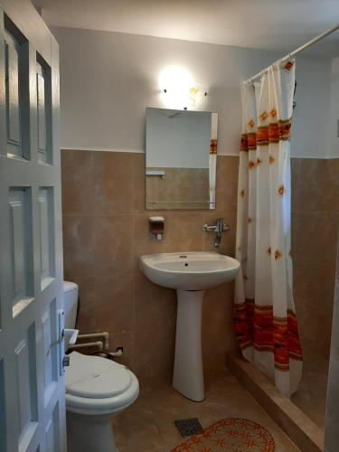 a bathroom with a sink and a toilet and a mirror at Pensiunea Sapte Pini in 2 Mai