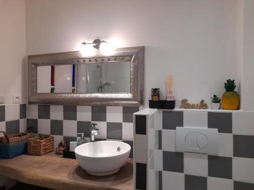 a bathroom with a sink and a mirror at Le gîte du Tarn in Aguessac