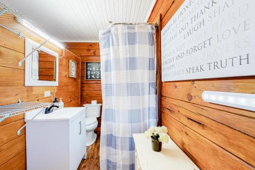 a bathroom with a toilet and a shower curtain at Cozy Cabin in Sevierville