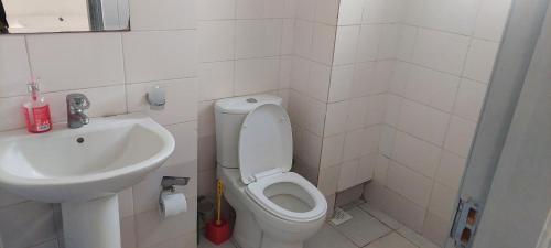 małą łazienkę z toaletą i umywalką w obiekcie Ngong Road Studio w mieście Nairobi