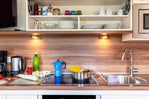 a kitchen with a sink and a counter top at Huberhof App Golden Delicious in Feldthurns