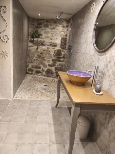 - une salle de bains avec un bol sur un comptoir et une douche dans l'établissement Bout de Cote, à Lacam-dʼOurcet