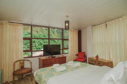 a bedroom with a bed and a tv and a window at Rupa Rupa High Jungle Eco B&B in Machu Picchu